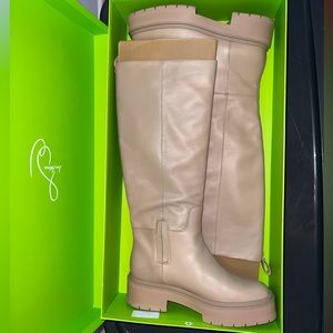 Sam Edelman Larina Sesame Leather Chunky Heel Rounded Toe Zipper Knee High Boots